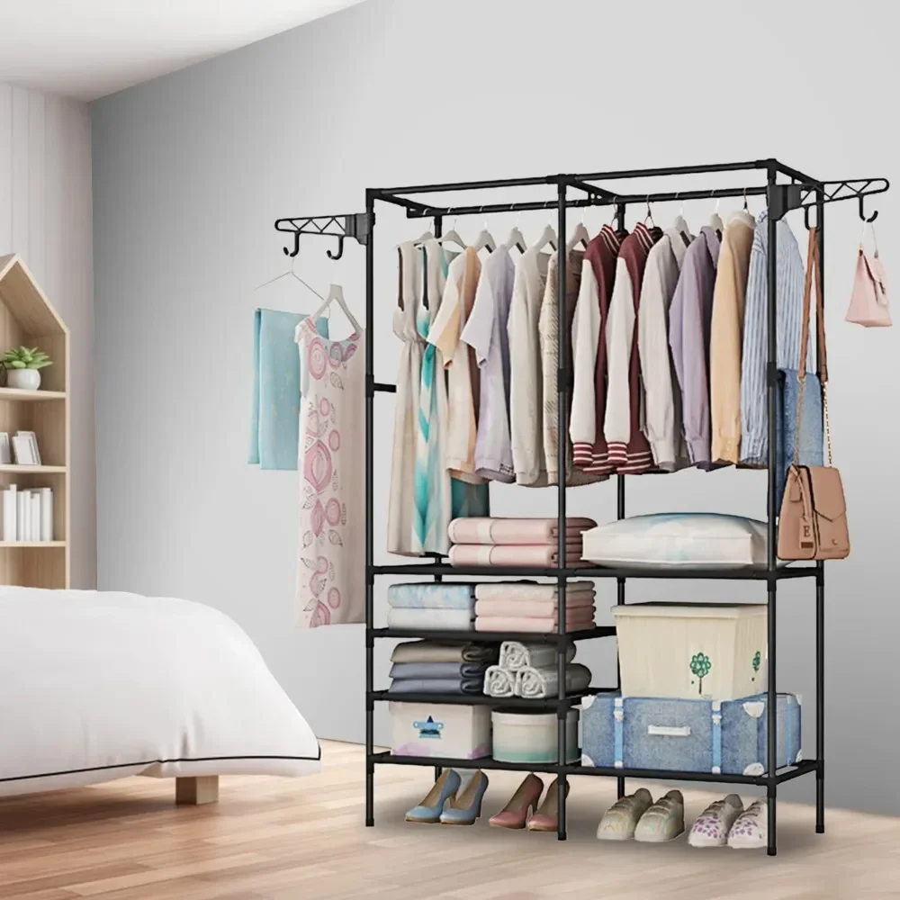 

Clothing Rack Clothes Rack, 66'' Multifunctional Garment Rack for Hanging Clothes, 4 Tiers Portable Closet Rack with 4 Hooks & 2