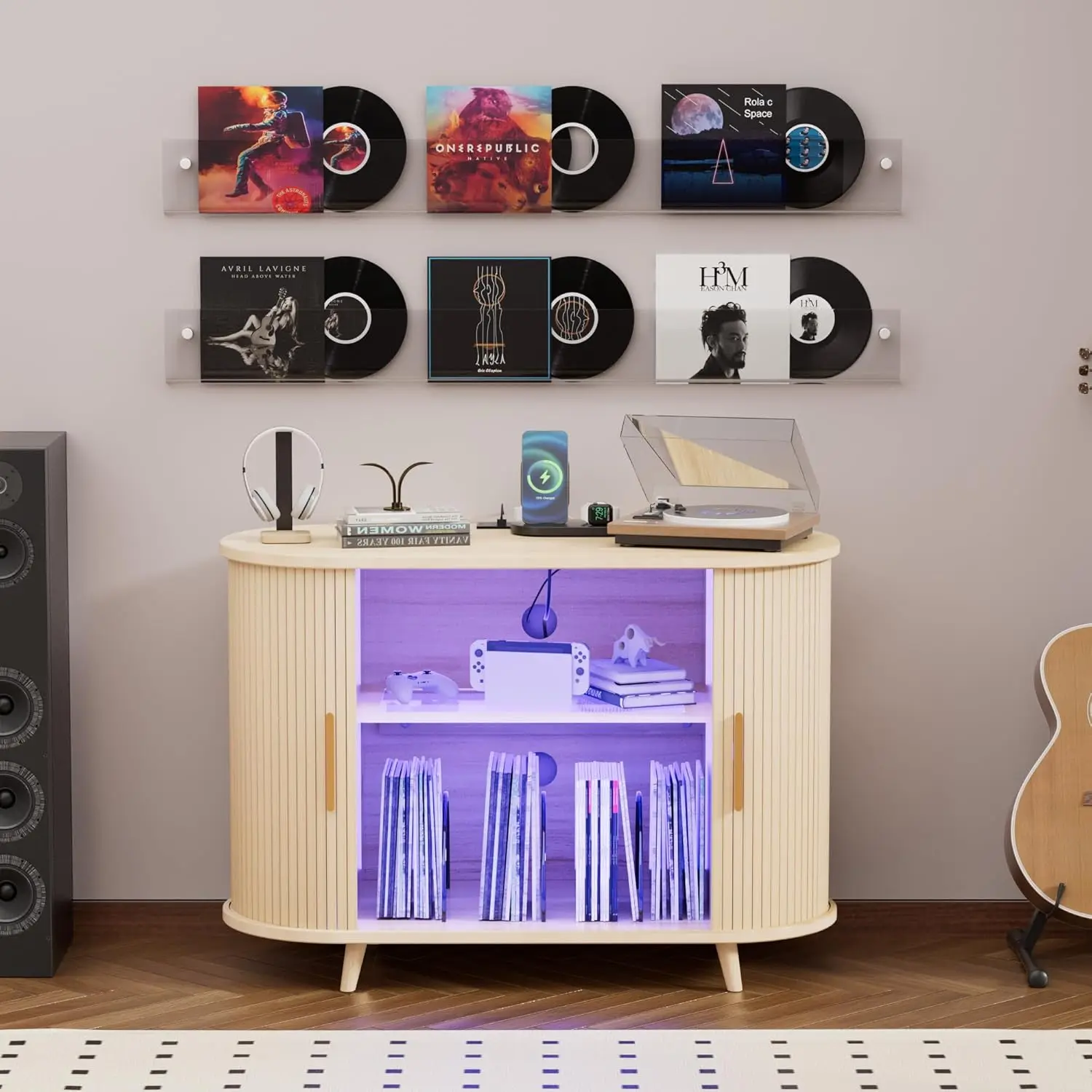 

Record Player Stand with Vinyl Storage, Modern Media Cabinet with Charging Station & LED Lights, Sliding Door, Customized