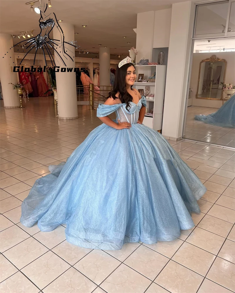 Мексиканское платье Quinceanera с синими бусинами, бальное платье с открытыми плечами, платье для дня рождения, платья принцессы, милые 15, 16, по индивидуальному заказу