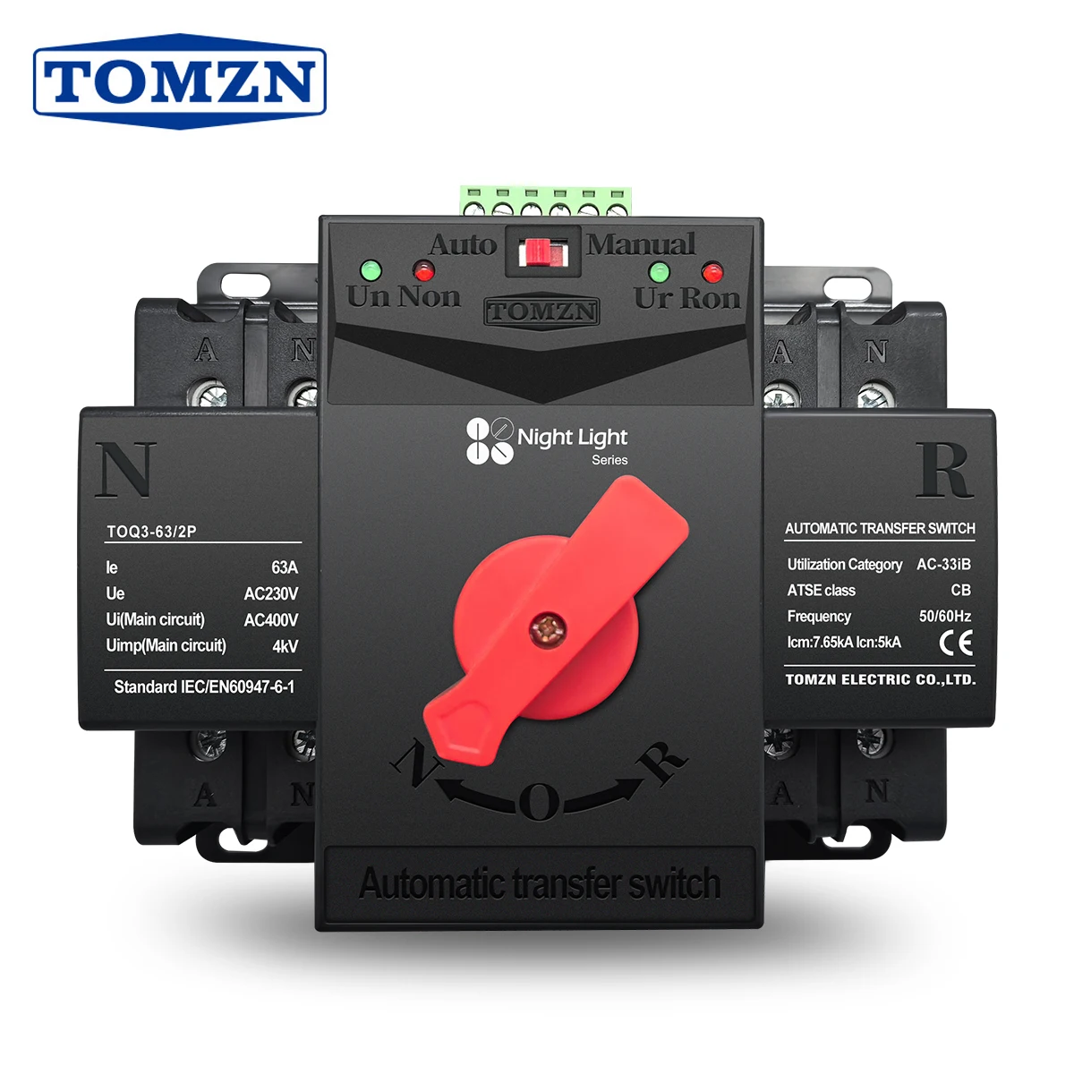 TOMZN night light series 2P 63A 125A 220V 230V 50/60Hz MCB type Dual Power Automatic transfer switch ATS 2 input 2 output