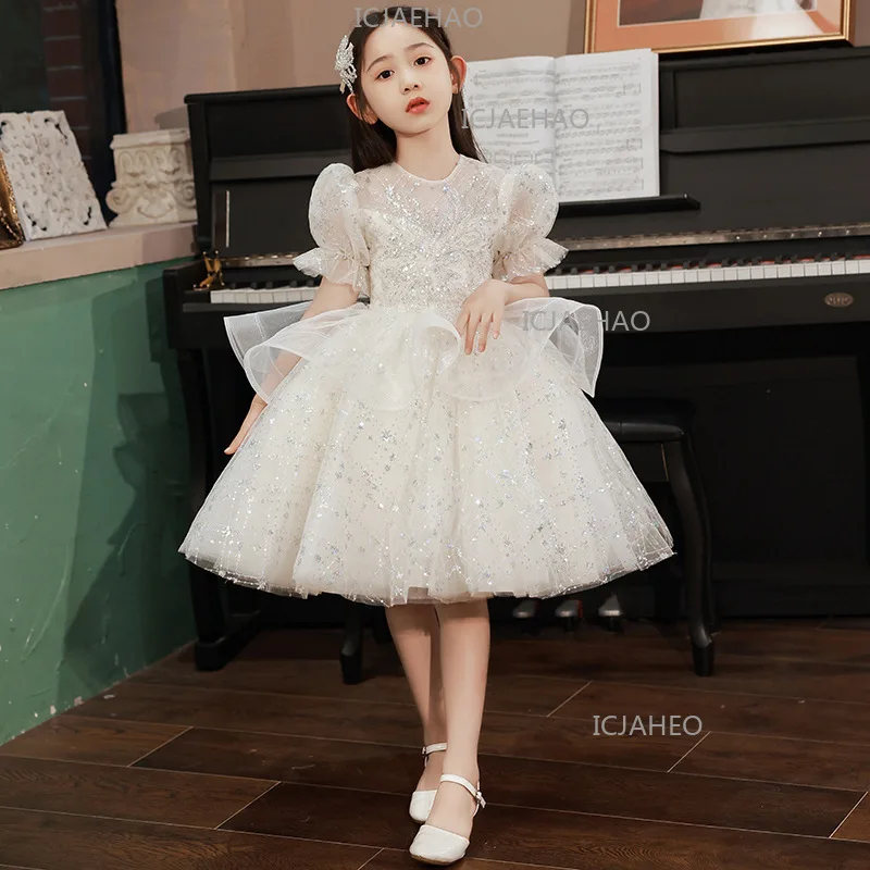Girls Dress Kids Princess Dress Host Champagne Luxury Puffy Skirt Children Costume Catwalk Piano Costume Flower Girl Wedding