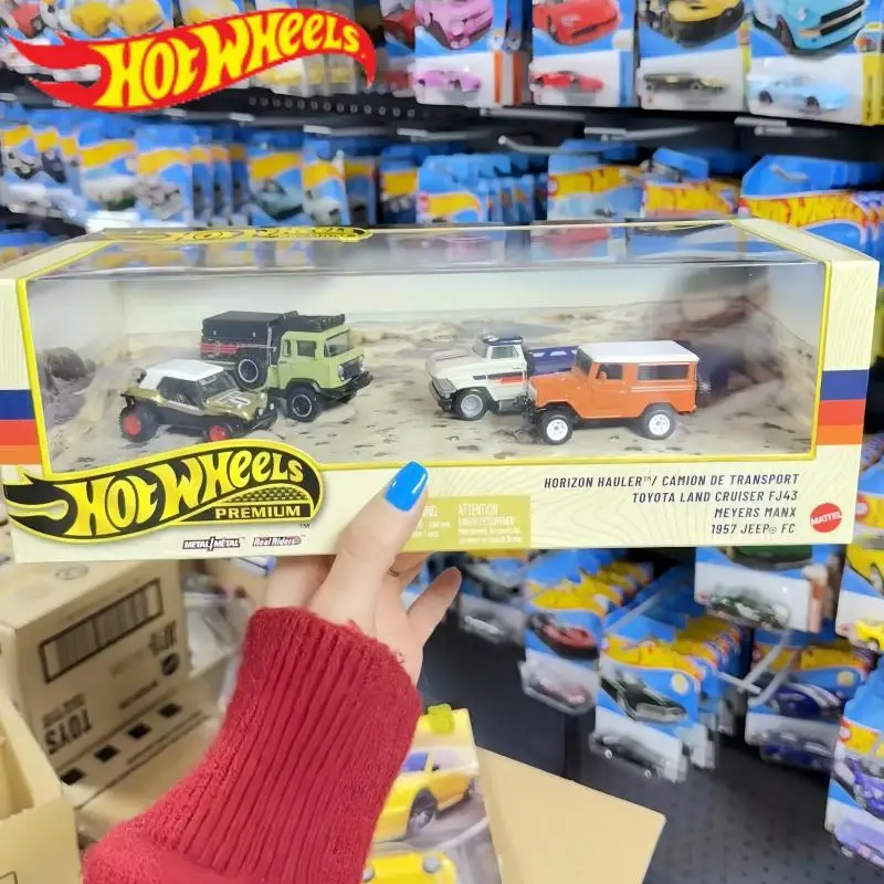 Hot Wheels Premium Off Road Garage Alloy Diecast Car Set Toyota Land Cruiser FJ 43 1957 Jeep FC Meyers Manx Horizon Hauler