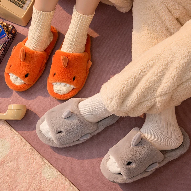 Kidmi Winter Bont Pluche Haai Slippers Vrouwen Nieuwe Cartoon Haai Pluizige Slippers Man Indoor Warm Zacht Katoen Huis Schoenen Voor Vrouwen