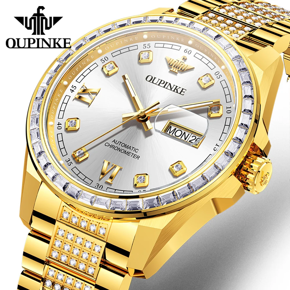 OUPINKE Men Watch Luxury Classic Automatic Mechanical Wristwatch 316L Stainless Steel 50M Waterproof Diving Watches For Man 3328