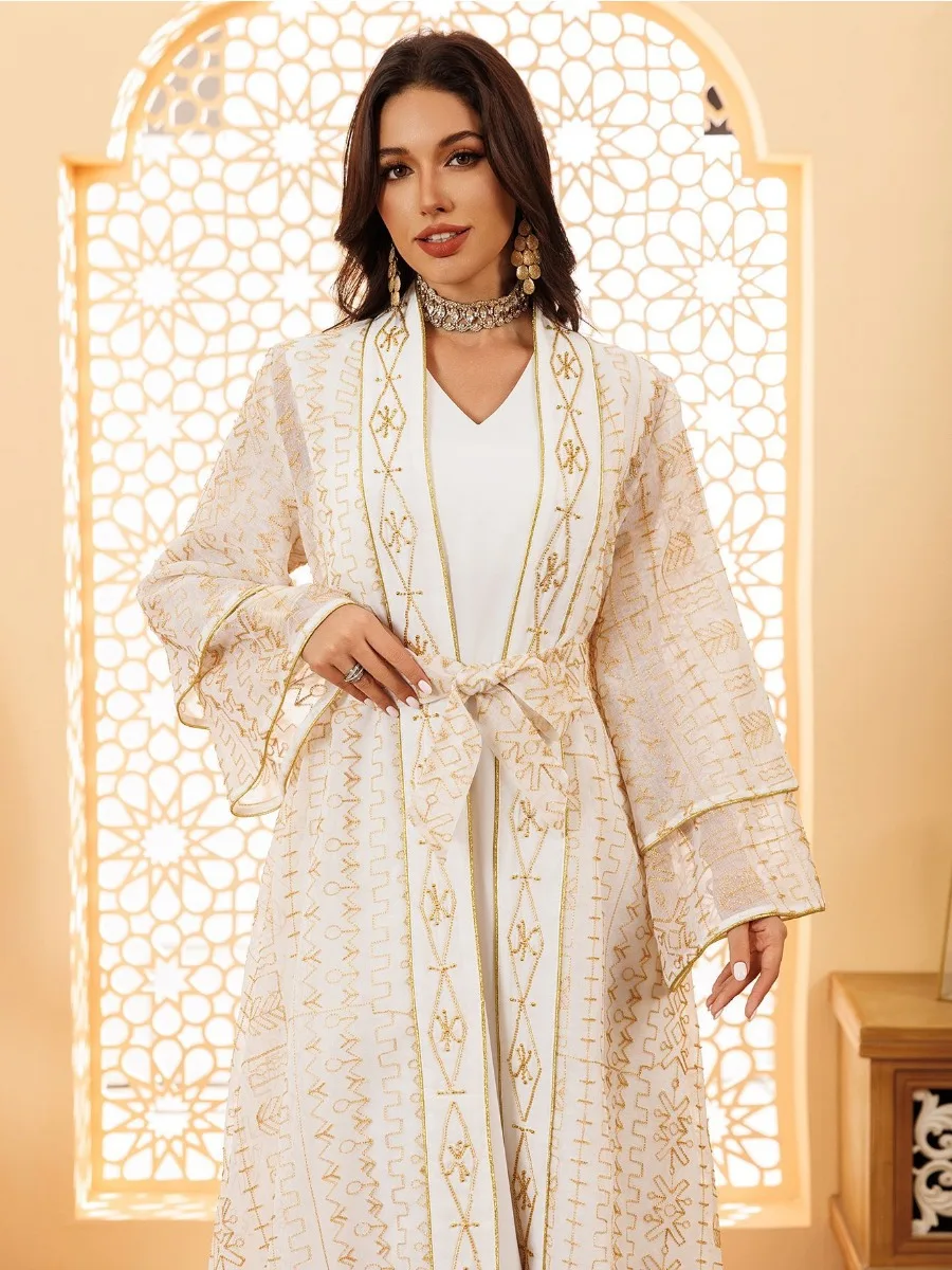 Women Eid Muslim Abaya 2 Piece Set Embroidery Long Robe Ramadan Jalabiya Full Length Morocco Abayas Dubai Kaftan 2025 Casual