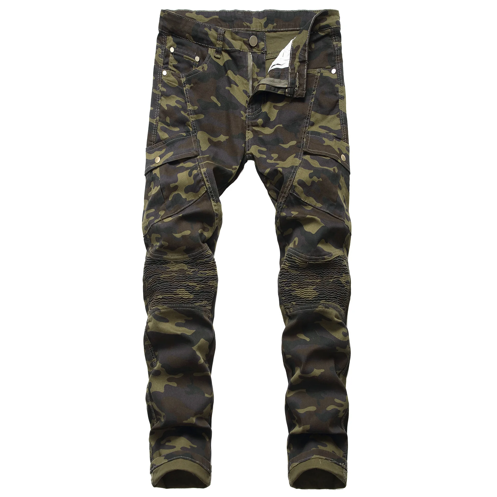 Men's Stretch Camouflage Biker Jeans High Quality Casual Denim Cargo Pants Men Slim-fit Multi-pocket Jogging Trousers