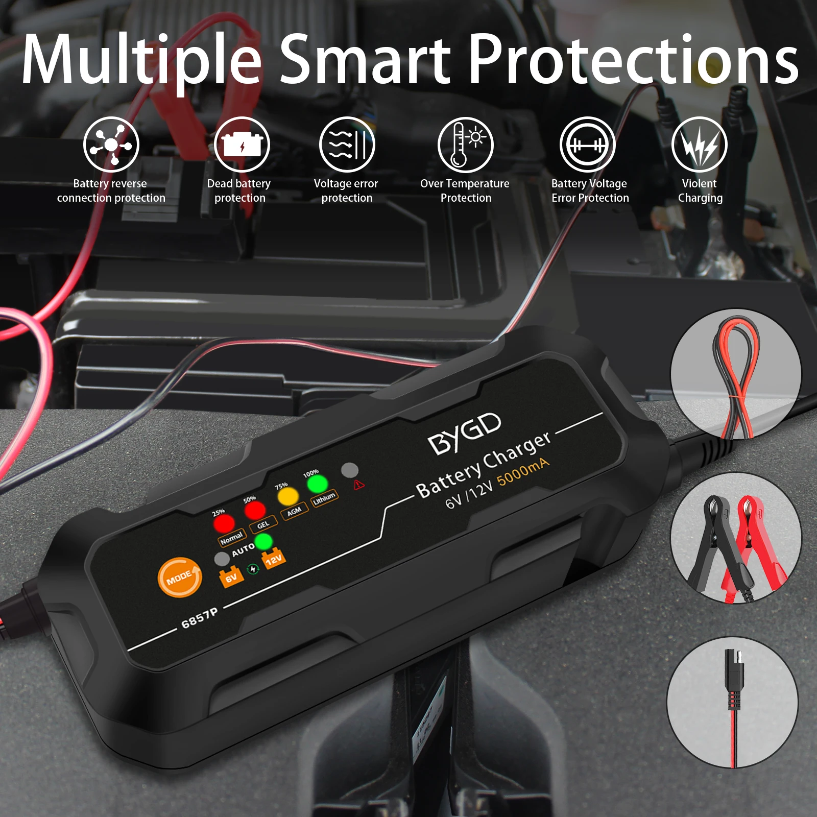 BYGD Portable 6V/12V 5A Car Battery Charger High Power Fully Auto matic Intelligent Lithium Battery Charger