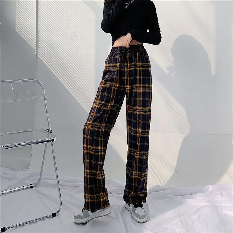 S-5XL Casual Pants Women Harajuku Hip Hop Baggy Plaid Pant All-match High Waist Drawstring Straight Trousers Teens BF Hot Sale