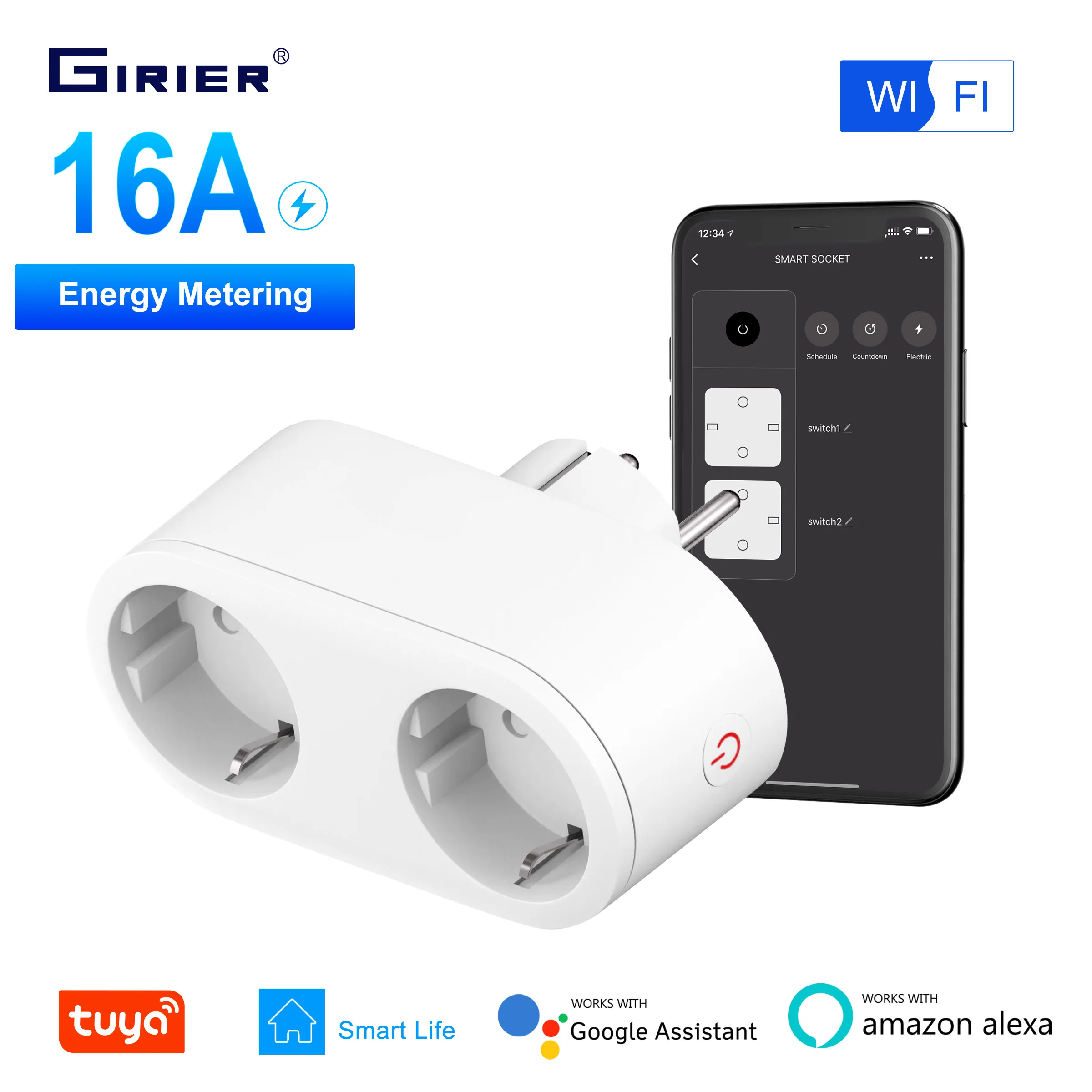 GIRIER Tuya Smart Plug, WiFi Dual Outlet 16A, 2 in 1 Socket EU with Energy Metering Timer Function, Works with Alexa Hey Google