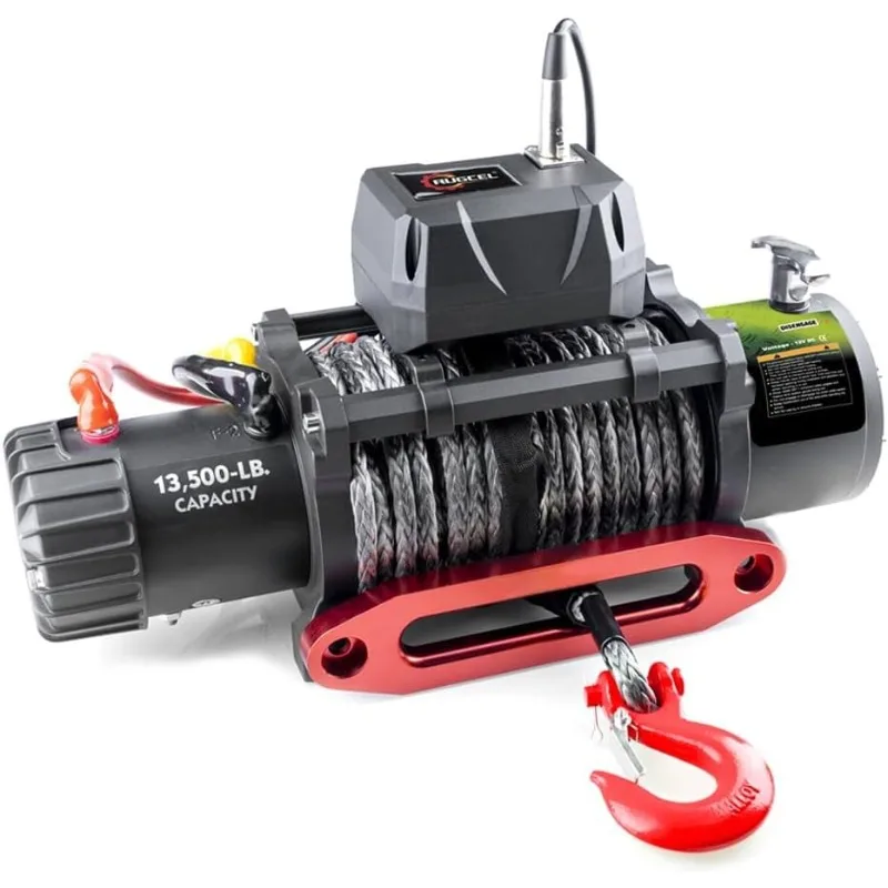 Cabrestante eléctrico impermeable para camión RUGCEL WINCH de 13500 libras, cabrestante Jeep de cuerda negra sintética de 12V con lengüeta Hawse, mango con cable