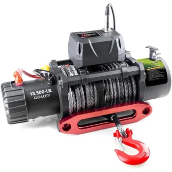 Cabrestante eléctrico impermeable para camión RUGCEL WINCH de 13500 libras, cabrestante Jeep de cuerda negra sintética de 12V con lengüeta Hawse, mango con cable