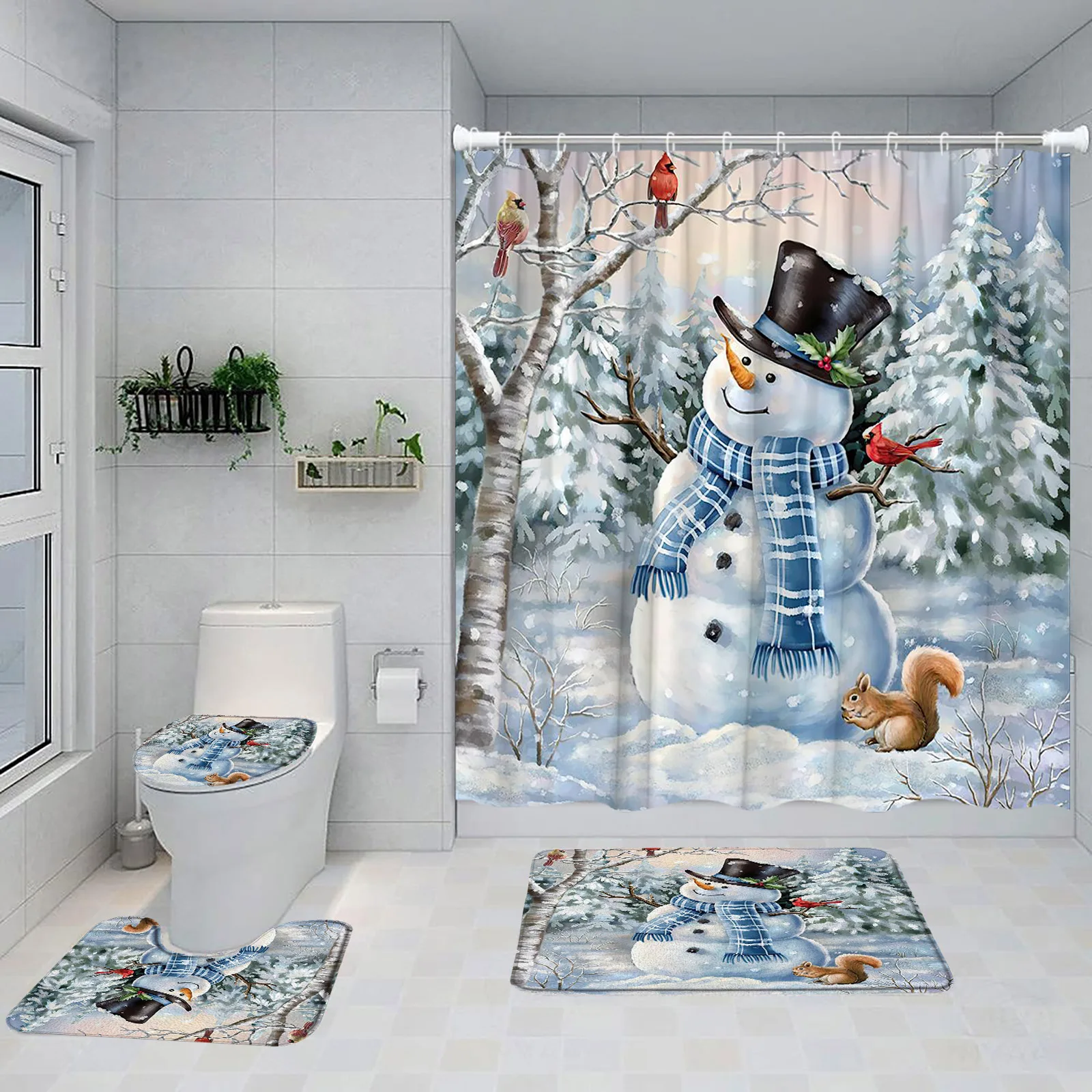 Funny Snowman Shower Curtain Set Winter Christmas Forest Cedar Squirrel Red Birds Xmas Home Bathroom Decor Bath Mat Toilet Cover