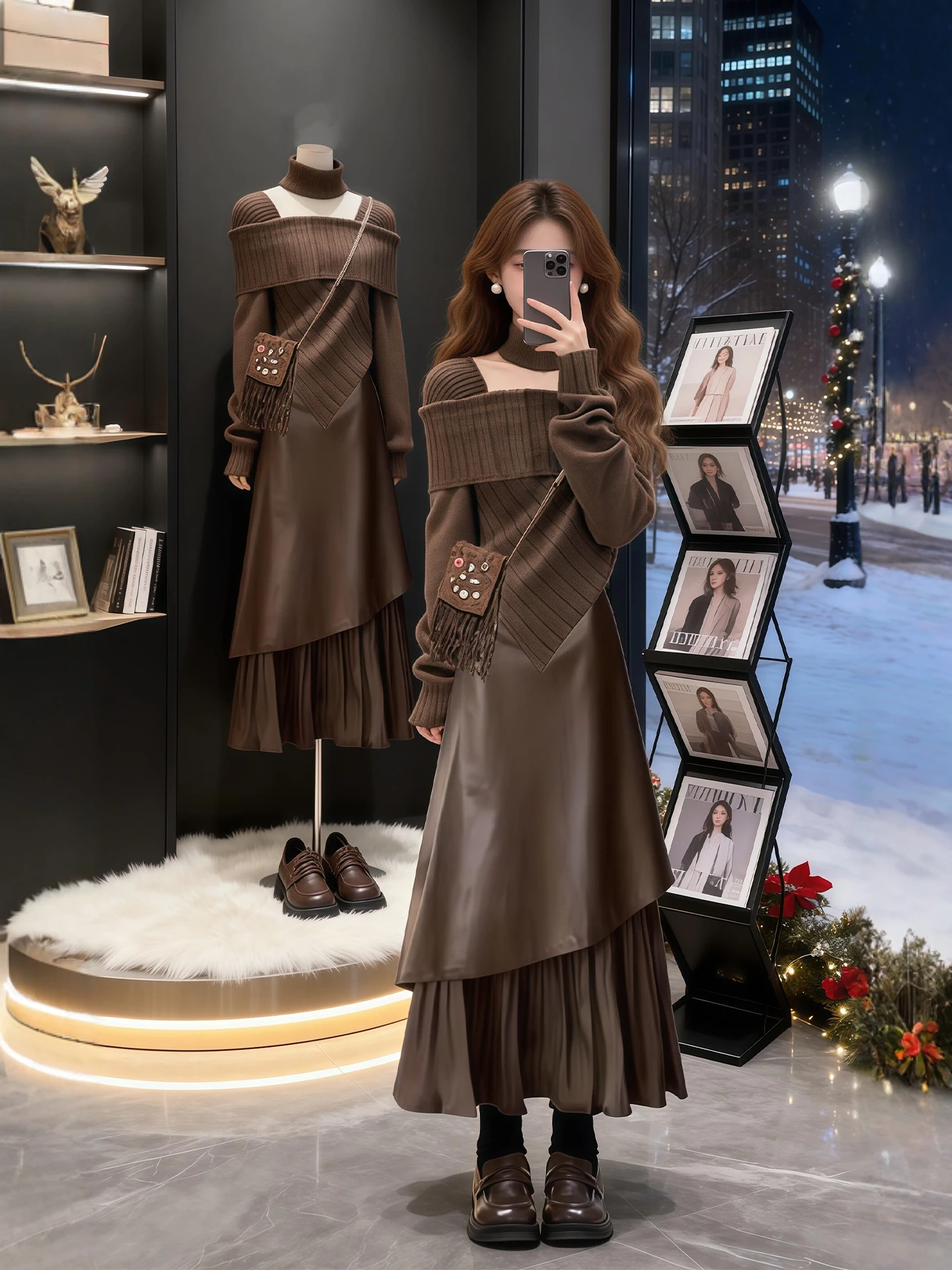 

plus Size Winter Knitwear PU Leather Skirt Set Women's Vintage Style Fashion Ensemble High Waist Loose Fit Casual Wear