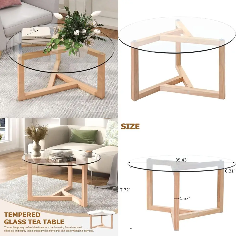 

Round Glass Coffee Table Modern Cocktail Table Easy Assembly with Tempered Glass Top & Sturdy Wood Base, Espresso