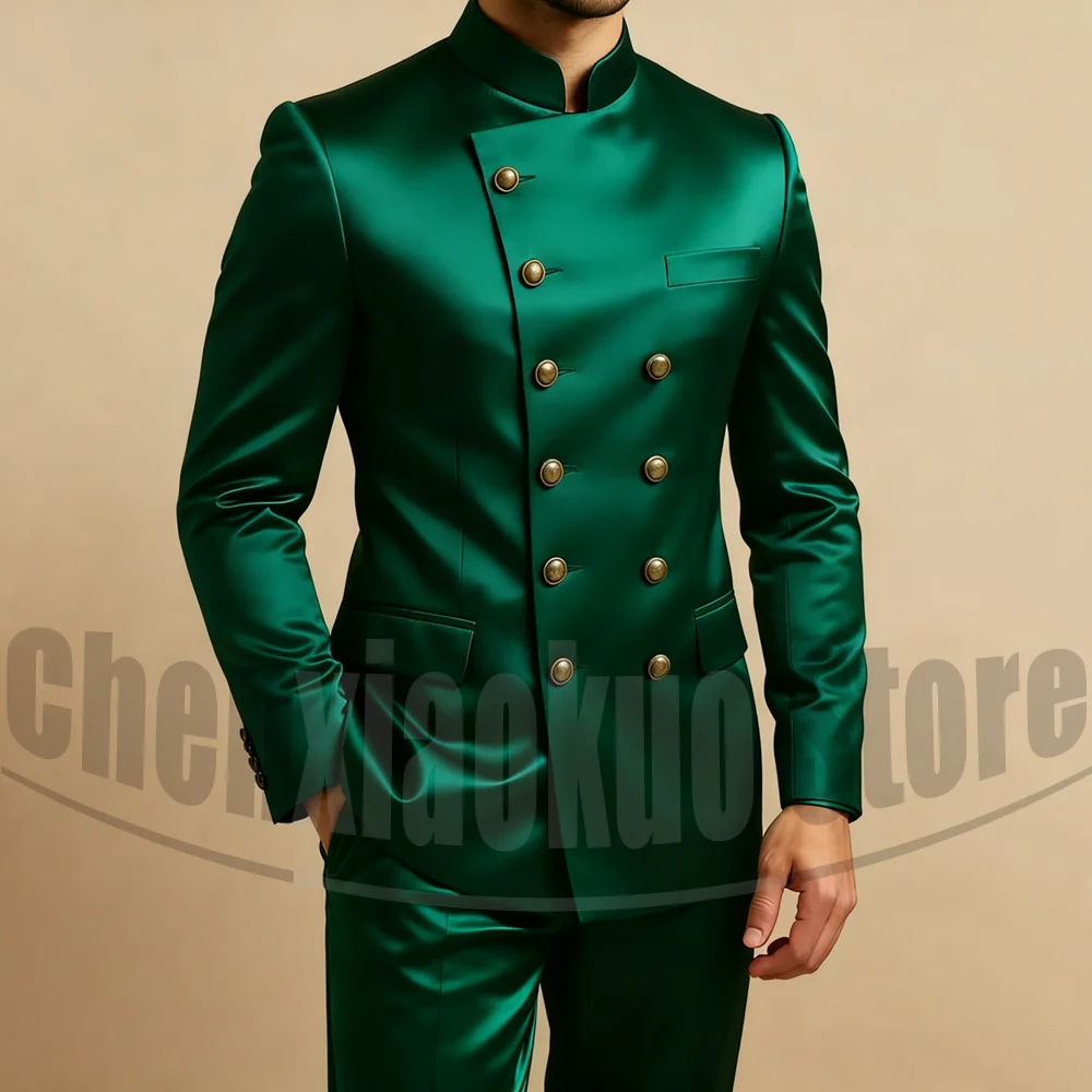 

Men's Satin Stand Collar Suit Set Fashion Double Breasted Smart Casual Outfit Two Piece Chic Wedding Groom Party Tuxedo