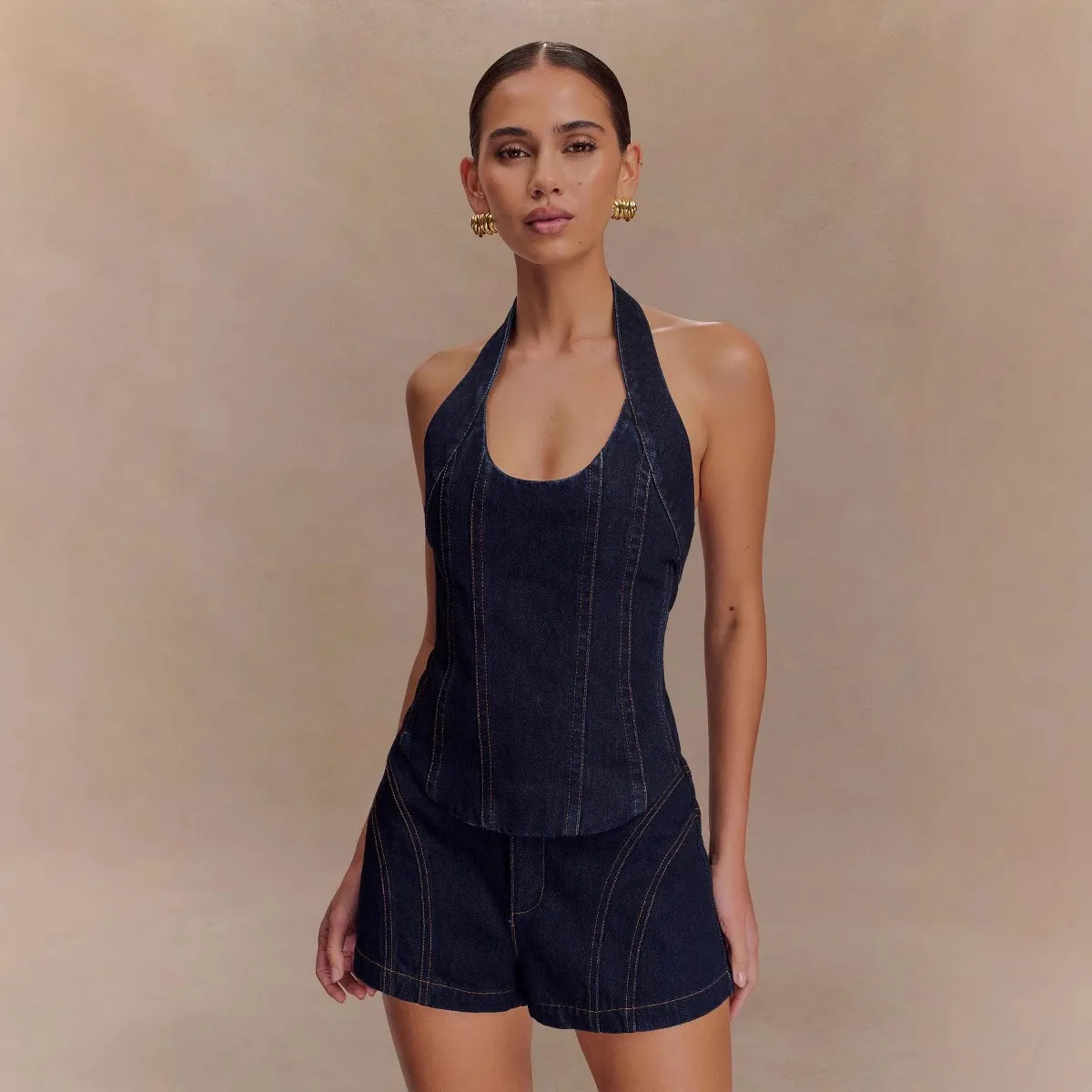 

2 Pieces Set For Woman Shorts Cotton Acid Wash Short Pants Halter Top High Waist Denim Shorts Two Piece Set Mini Length Shorts