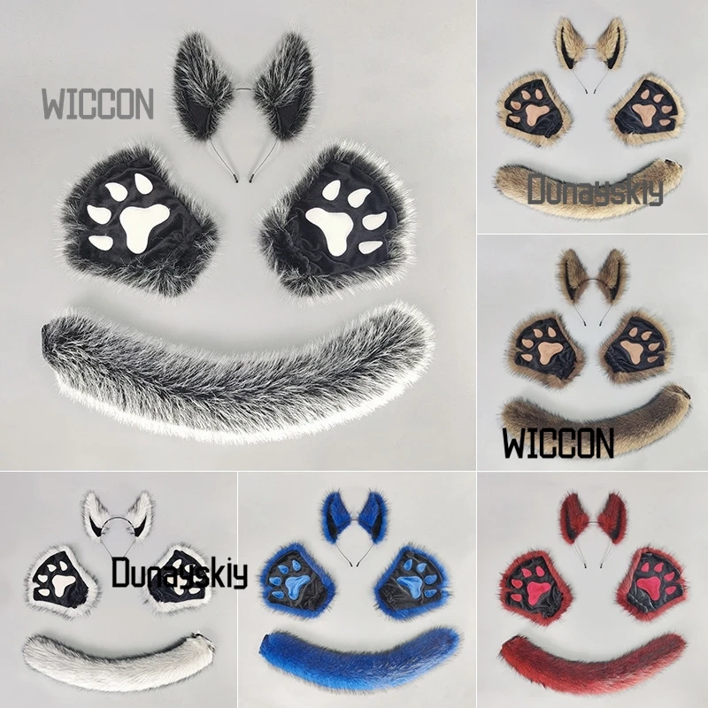 فروي Fursuit الذئب أنيمي تأثيري ازياء اكسسوارات كول أفخم الأذن الذيل الألوان النساء الرجال حفلة Jirai Kei اليومية هالوين