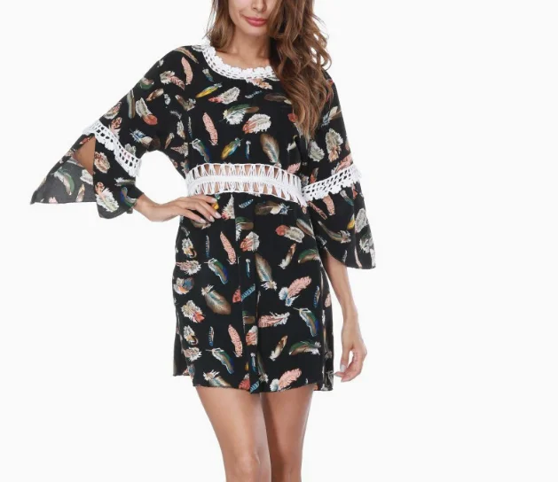 

Beach Cover Shirt, Hand Hook Splicing Print, Casual Vacation Sun Protection Suit, Bikini Swimsuit, Outerwear