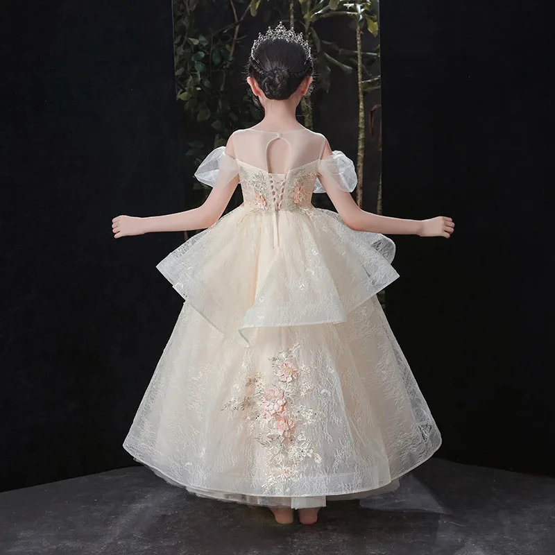 

Customized Flower Girl Dress for Wedding Appliques Glitter Short Sleeve High Waist Elegant Kids Birthday First Communion Gown