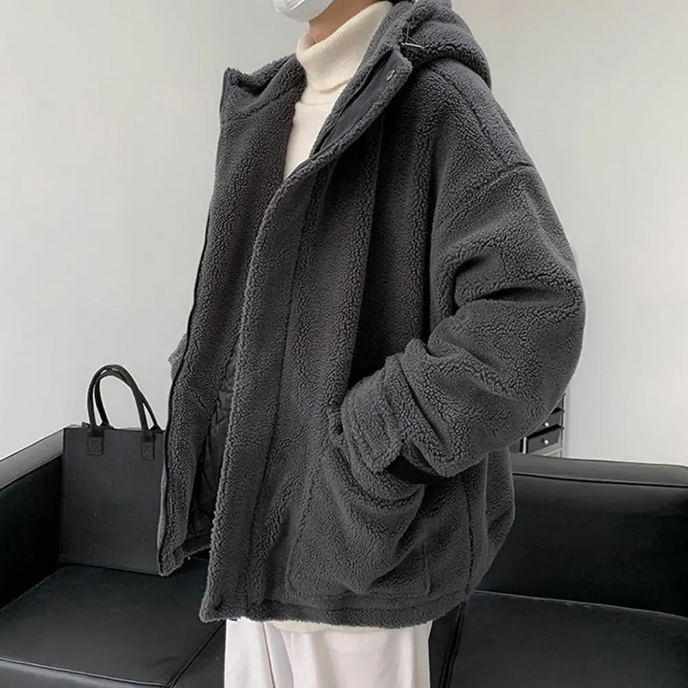 Men Hooded Cotton Jacket Men's Hooded Imitation Lamb Wool Coat With Pockets Autumn Winter Outwear For A Loose Fit For Weather