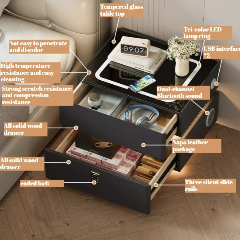 Italian Smart Bedside Table Storage Luxury Floating Led Night Stand Wood Charging Comodino Camera Da Letto Choice Furniture