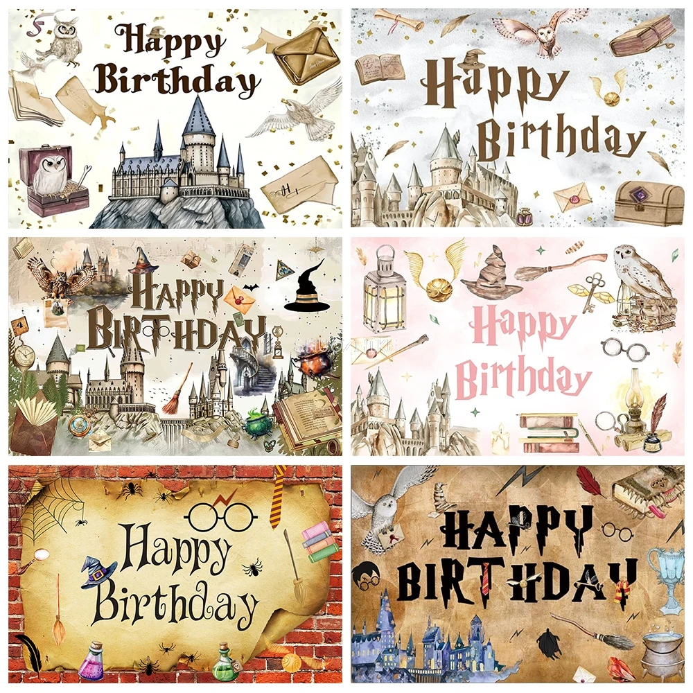 

Cartoon Wizard Castle Magic Academy Photography Backdrops Children Birthday Party 9 3/4 Platform Photo Studio Background GB-01