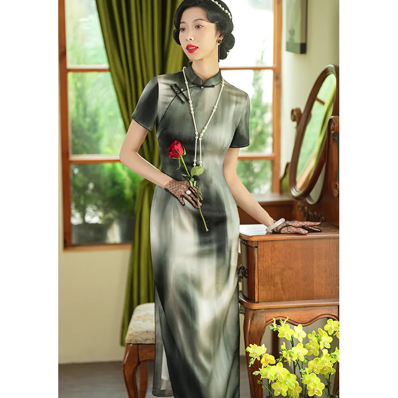 

High Quality High-End Cheongsam Chinese Oblique Placket Improved Women's Summer Suzhou Real Silk Long Dress 2024