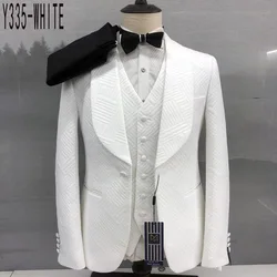 Fashion White Suits for Men Slim Fit Double Breasted Blazer Vest Pants 3 Pieces Set Prom Wedding Men Suit Lattice Printed Tuxedo