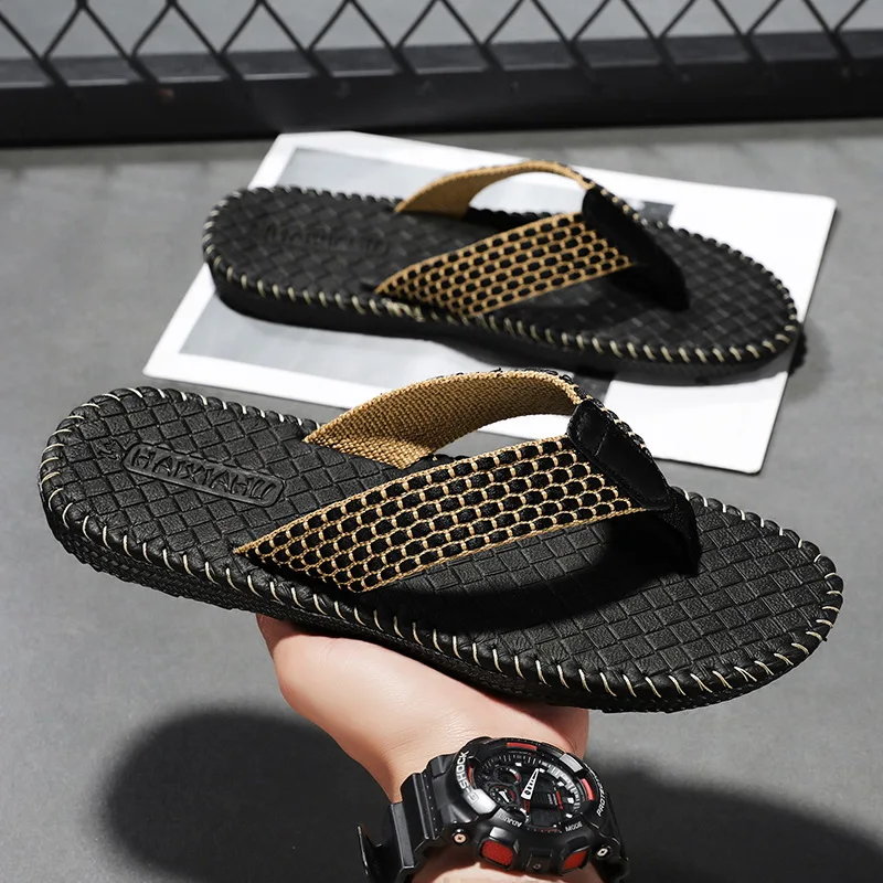 

Men Summer Flip Flops Anti Slip Comfortable Sandals with Woven Strap for Beach Casual Wear
