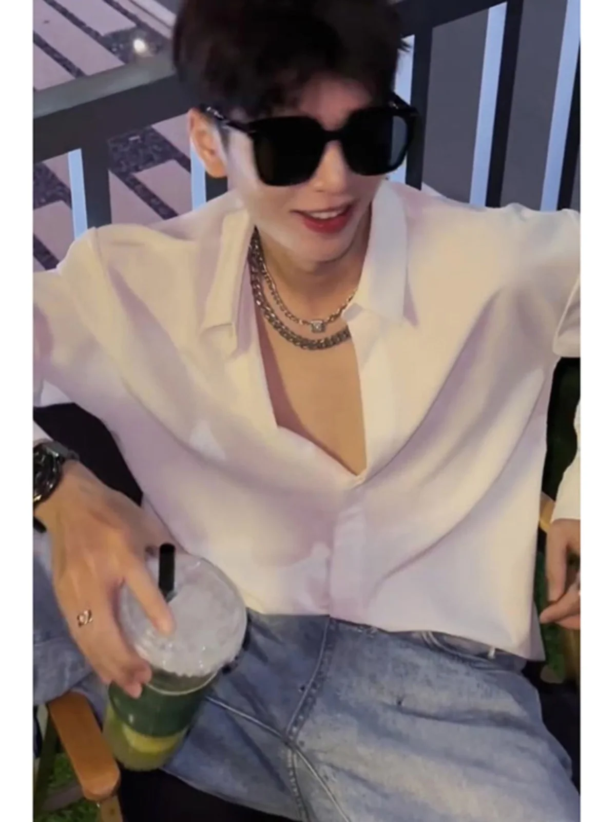 

Neapolitan Pure White Long Sve Men's irt Summer Faion Briti Sle Casual Lapel American Jaet Youth Trendy Clothing