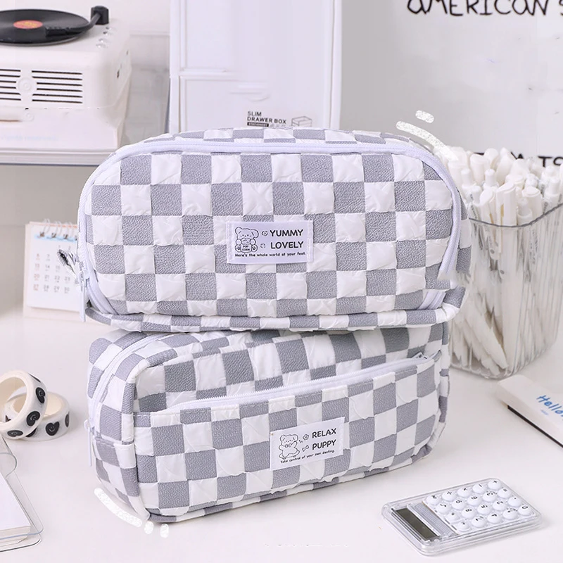 Large Capacity Checked Pattern Pencil Case Simple Multifunctional Pen Storage Bag Fashion Cute Pencil Box School Supplies