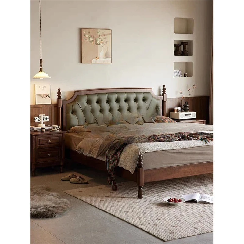 

Black walnut solid wood bed real cowhide soft bag backrest modern cherry wood