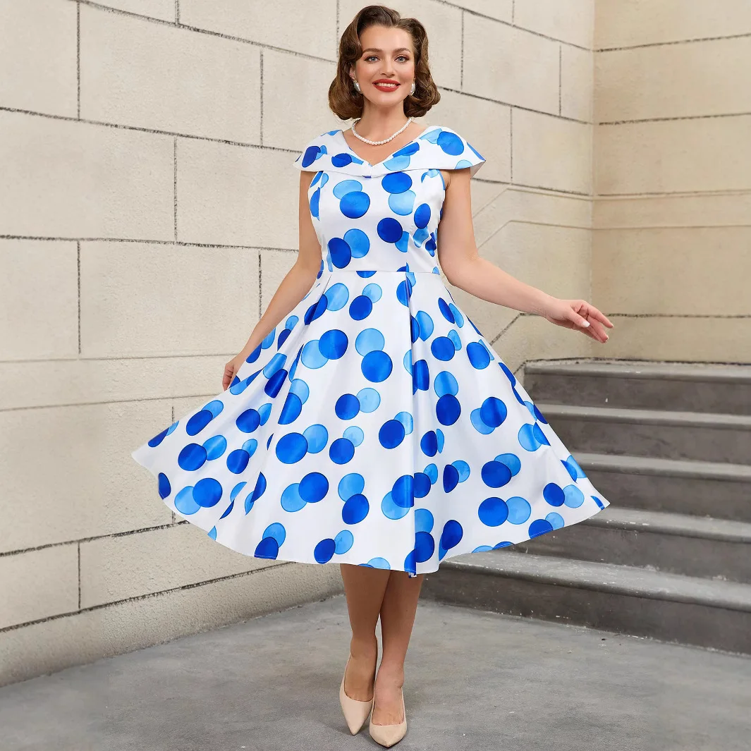 

Plus Size Wedding Dress Satin Digital Print Dress Polka Dot V-neck Vintage A-line Blue Dress Dresses Elegantes Casual Y2k