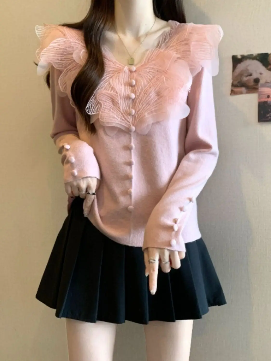 النمط الفرنسي سليم صالح الخامس الرقبة الدانتيل لصق تريكو كم طويل المرأة قاعدة قميص مريح جديد عصري تريكو الأعلى