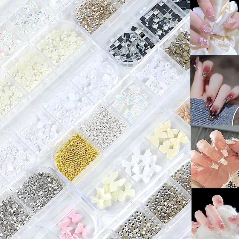 

1Box DIY Nail Art Decoration 3D Butterfly Pearl Rhinestones Roses Crystal Nail Drill For Manicure Design Accessory