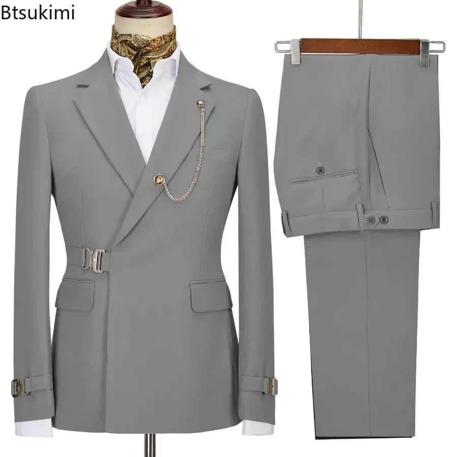 2025 Men's Fashion 2 Pieces Suit Sets Solid Belt Chain Pockets Design Banquet Business Formal Wedding Party Dress Suit Sets Men