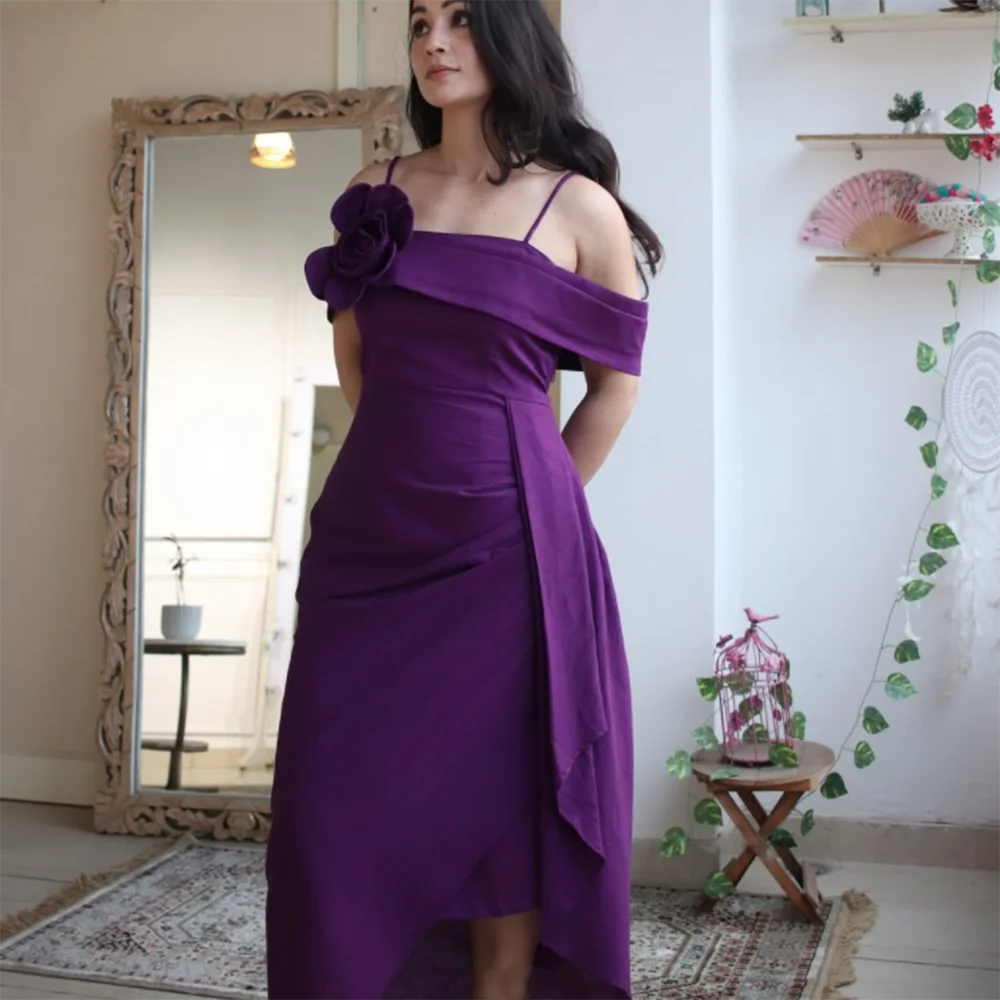 Customized Purple Straight Prom Dresses Tea-Length Spaghetti Strap Sleeveless Evening Dresses Simple Draped Fashion Flowers