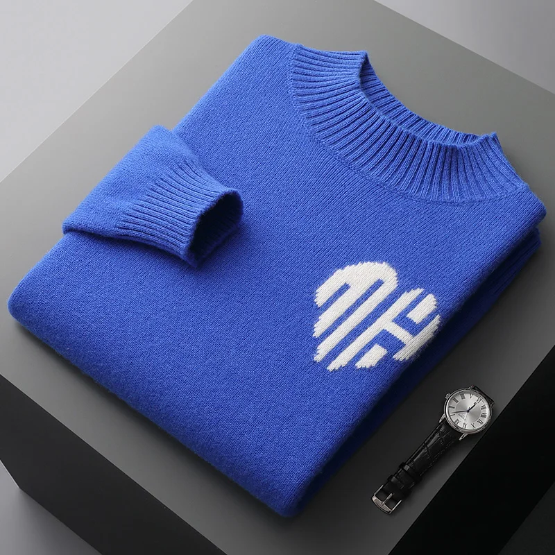 Autumn/winter men's 100% wool cashmere sweater semi-high collar plus size Jacquard pullover thickened knitted bottoming shirt