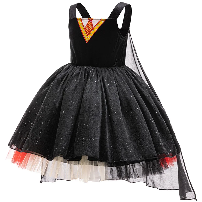 Kostum Cosplay Penyihir Jahat Ajaib Anak Perempuan Gaun Tulle Hitam dengan Kacamata Topi Penyihir untuk Anak-anak Pakaian Berdandan Karnaval Pesta Halloween