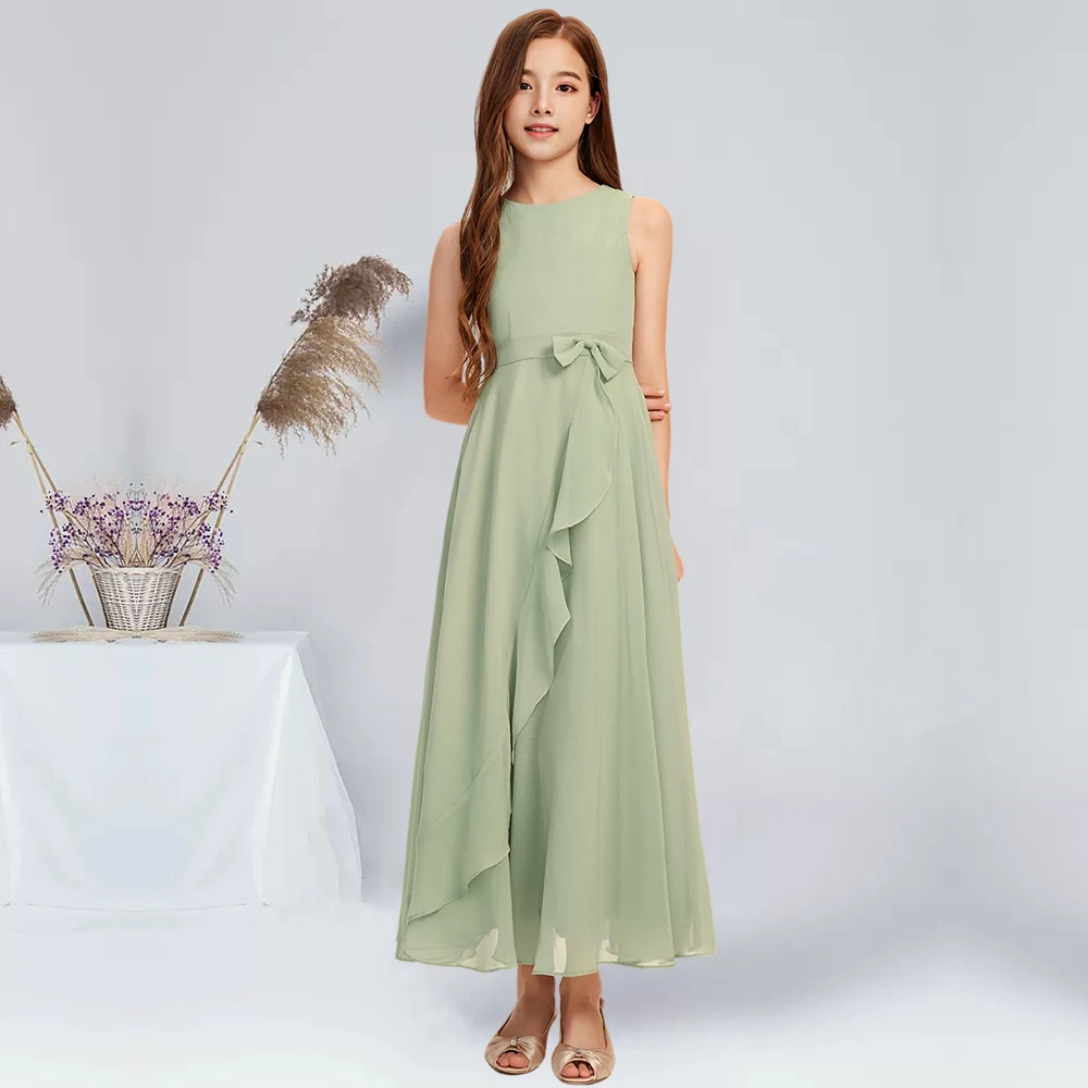 A-line Scoop Ankle-Length Chiffon Junior Bridesmaid Dress With Bow Celadon Flower Girl Dress Summer Kids Party Wedding Dress