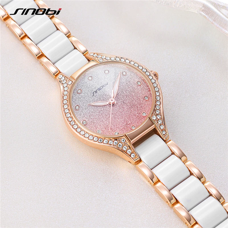 SINOBI Women Watches Rhinstone Rose Gold Dial White Strap Montres Femme Japanese Quartz Movement Luxury Clock Relogio Feminino