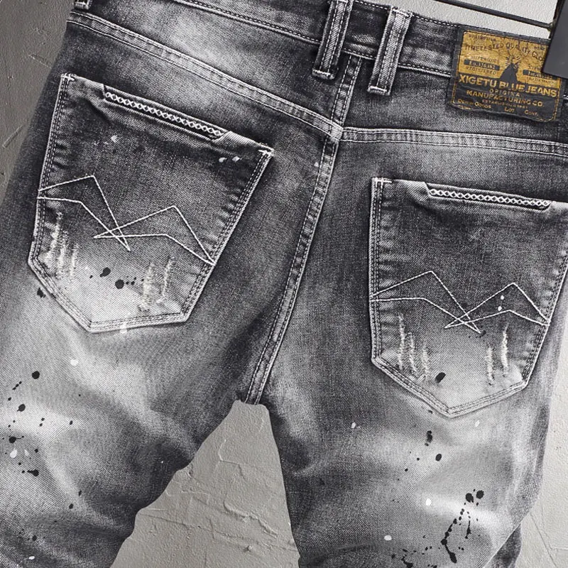 Designer Fashion Men Jeans High Quality Retro Black Gray Stretch Patched Ripped Jeans Men Y2K Painted Vintage Denim Pants Hombre