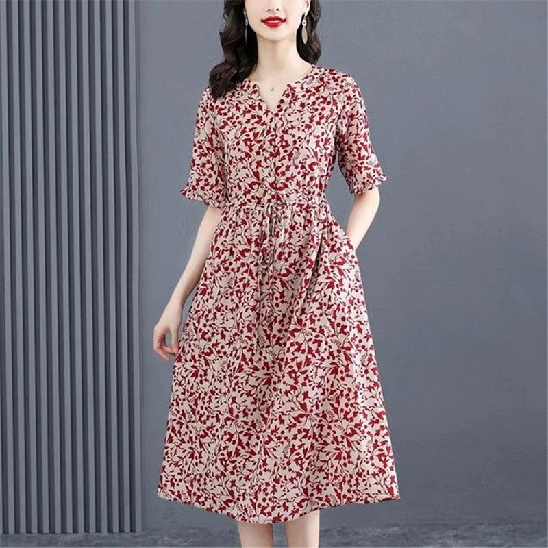 Vestido feminino estampado com decote em v com renda, elegante vestido de festa, manga curta casual, vestidos Midi soltos, roupas da moda