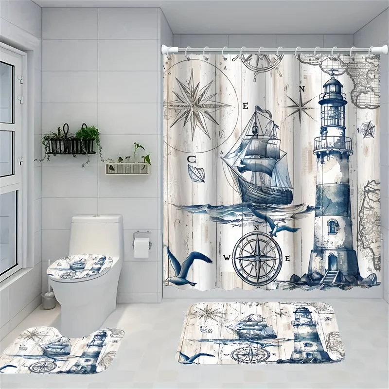 4pcs ocean and lighthouse print shower curtain set, decorative bathroom set include waterproof shower curtain, non-slip floor