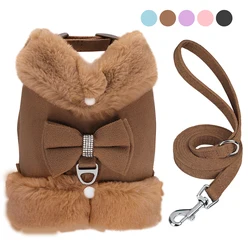 Soft Warm Dog Vest Harness and Leash Set Cute Bowknot Pet Winter Clothes Vest Warm Fur Small Dog Clothing French Bulldog Pink