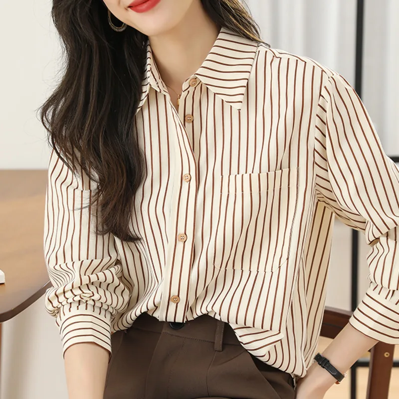 #2526 Striped Shirt Women Long Sleeve Office Womens Tops And Blouses Korean Style Loose Vintage Shirts Female Pockets Spring2024