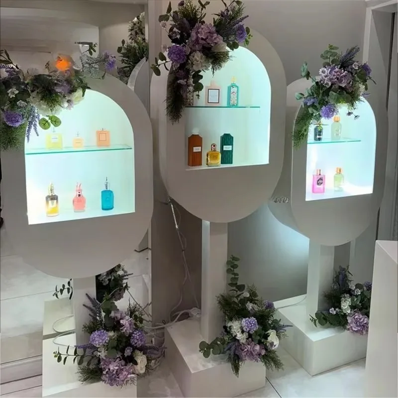 Smooth high quality welcome wedding phone booth store entrance background metal perfume display stand