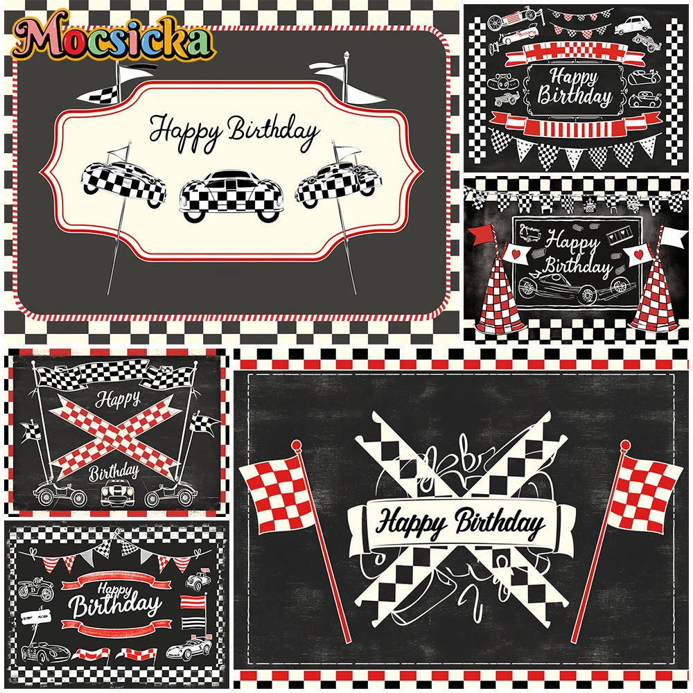 

Mocsicka Race Car Happy Birthday Backdrop Baby Shower Background Photography Black White Grid Flag Decor Studio Banner Photocall
