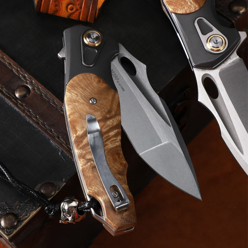 M390 Powdered Steel Folding Knife Wooden Handle Camping Knife with Sheath Outdoor Survival Tool Gift Hunting Knife EDC Tools