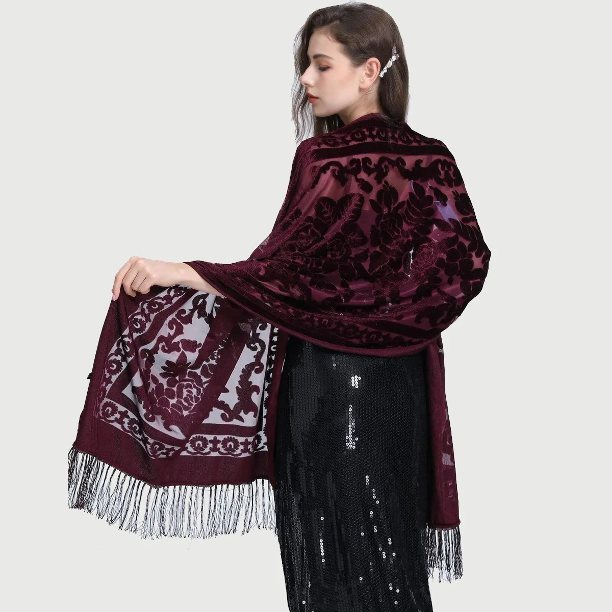 New Elegant Ethnic Style Velvet Chinese Dress Shawl Versatile Long Fringed Scarf Warm Air Conditioner Pashmina